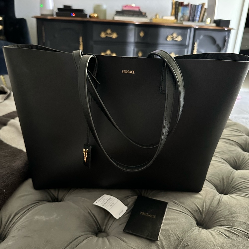 Versace Virtus black leather tote bag